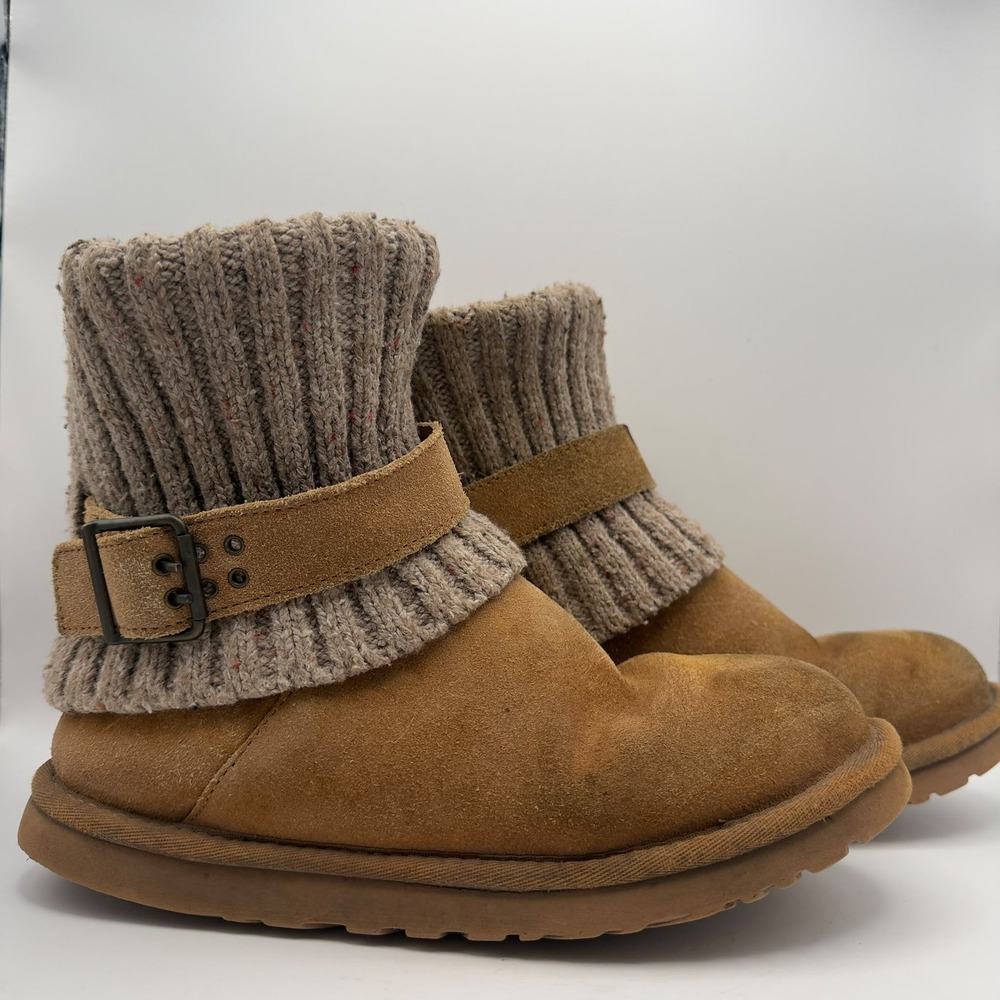 UGG Australia Suede Knit Buckle Ankle Boots Womens 8.5 Chestnut Brown Cozy Warm
